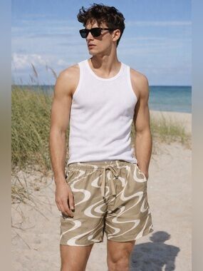 FRAME Men’s Cotton Drawstring Shorts Medium Tan Abstract Print